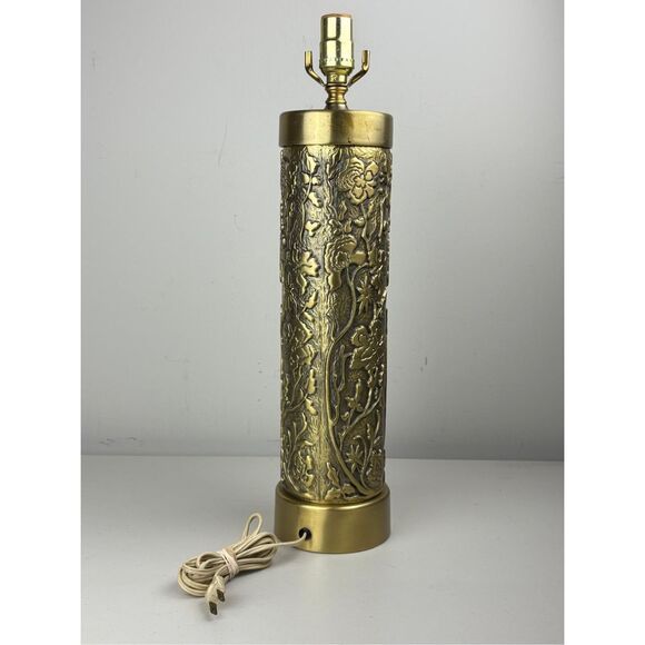 Vintage Embossed Floral Brass Lamp Artillery Shell Style - No Shade- 21in - Picture 5 of 10